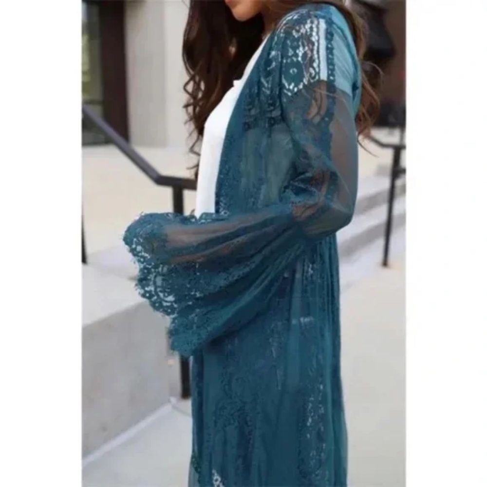 SOLD OUT Teal Eyelash Lace Bohemian Long Kimono Duster Wrap Coverup - Picture 4 of 5